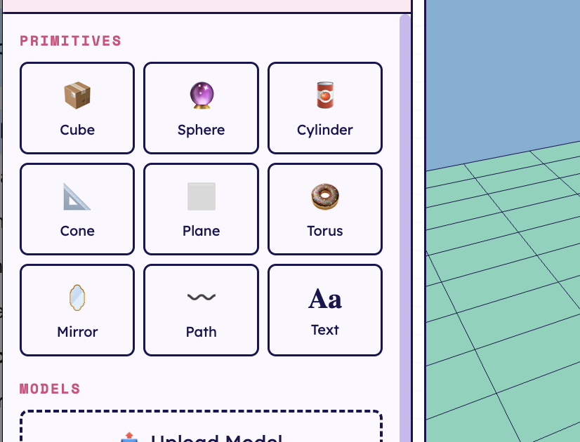 SDC editor left panel showing primitives grid — Cube, Sphere, Cylinder, Cone, Plane, Torus, Mirror, Path, and Text buttons