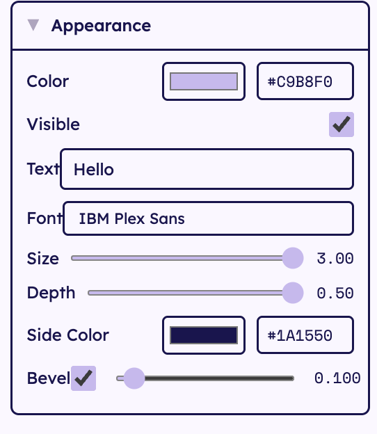 SDC editor Appearance inspector showing Color, Text, Font, Size, Depth, Side Color, and Bevel controls for 3D text