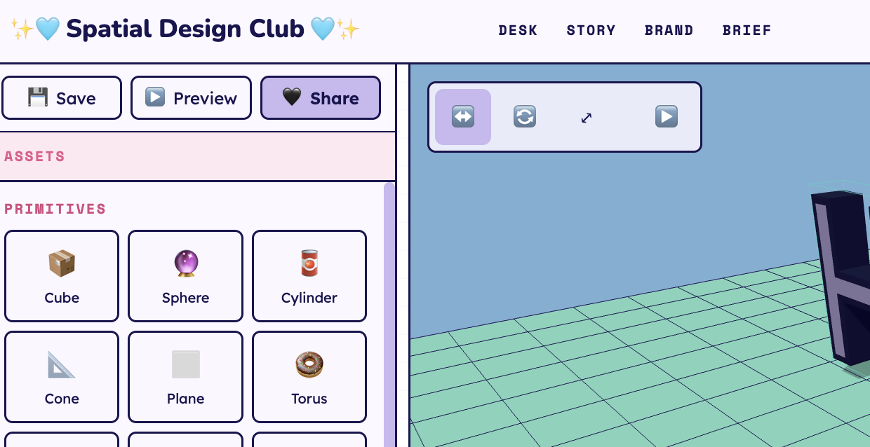 SDC editor toolbar showing Move, Rotate, Scale, and Play transform tools above the 3D viewport